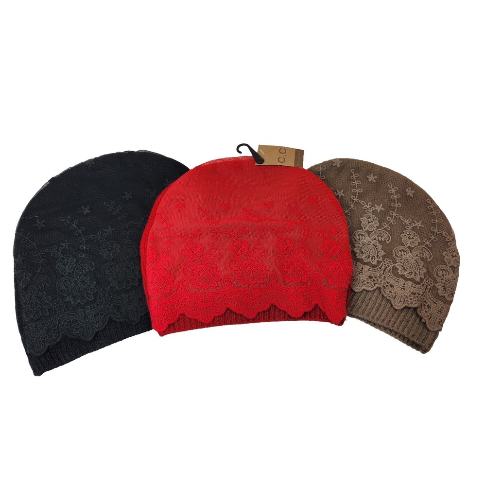 Lot of 3 CC Exclusive Women's Knit Hats Beanies Lace Accent Black Red Brown NWT